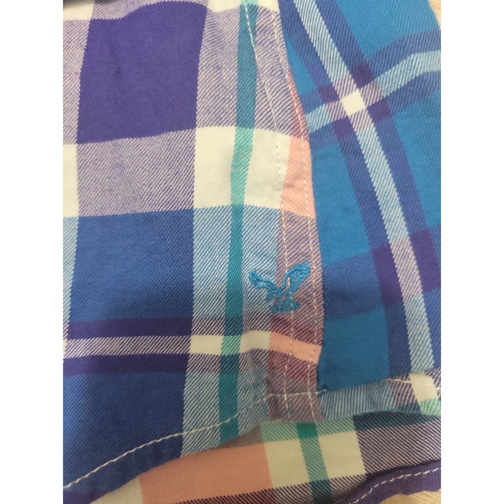 American Eagle Outfitters Womens Blue Pink Plaid Western Snap Button Shirt L - Picture 6 of 8
